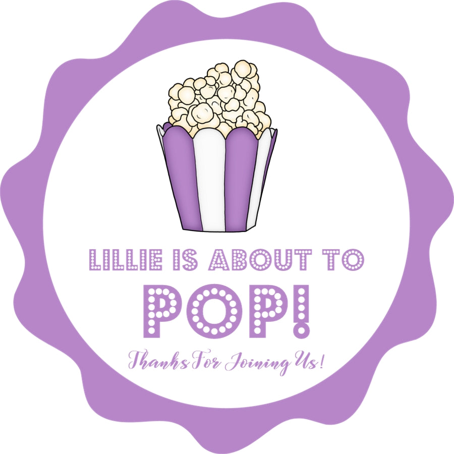 purple popcorn baby shower label stickers