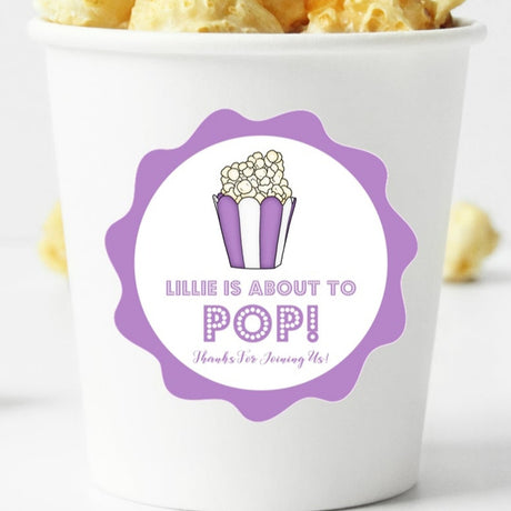 purple popcorn baby shower sticker with about to pop design