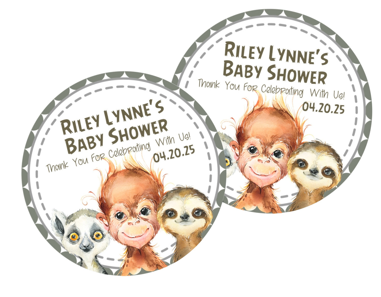 rainforest baby shower stickers with monkey sloth and lemur