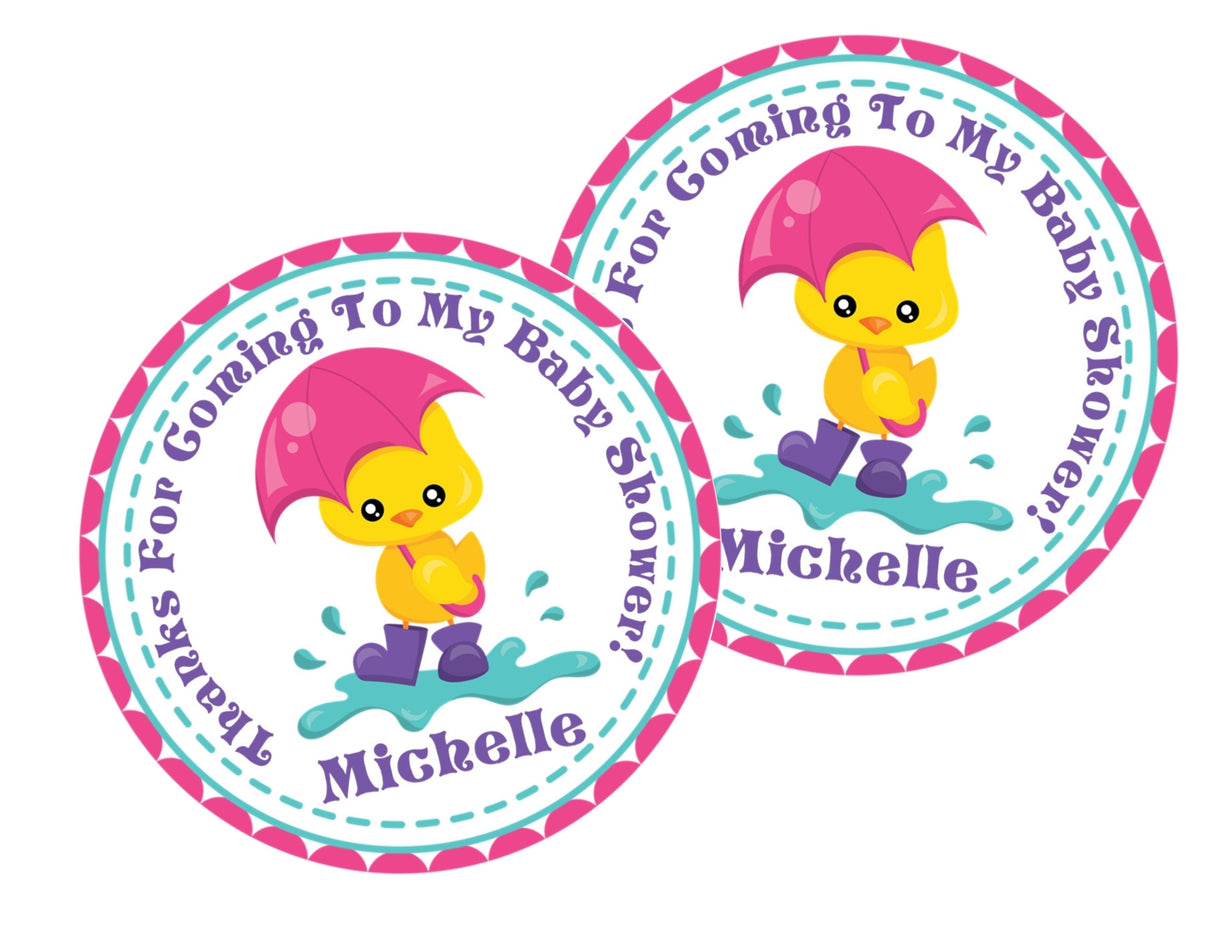 rainy day girl baby shower favor label with duck and umbrella