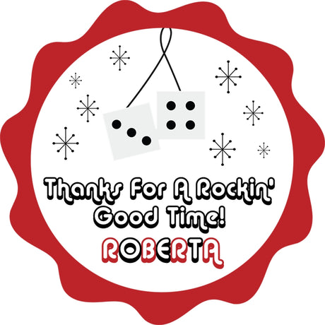 red 50s rock and roll birthday sticker with scalloped edge design