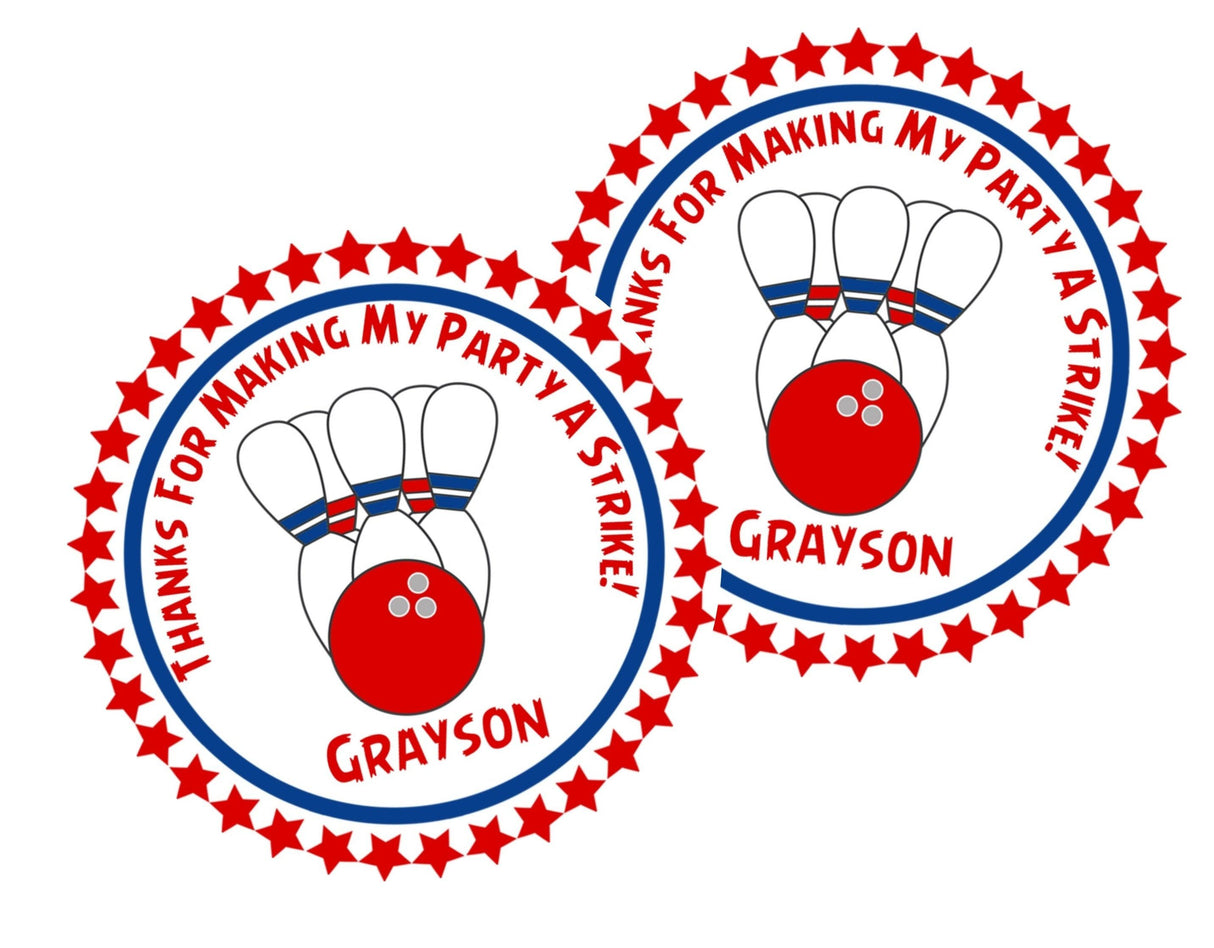 red and blue bowling party favor label