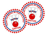 red and blue bowling party favor label