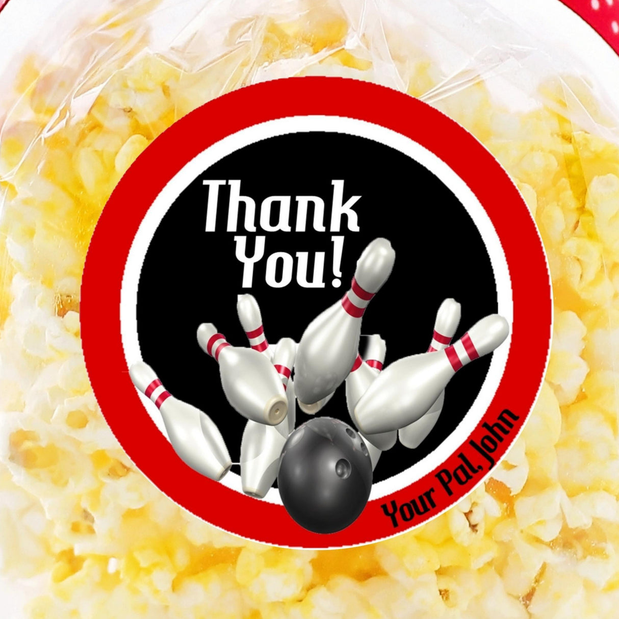 red black bowling birthday sticker with pins and bowling ball