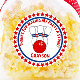 red blue bowling birthday sticker with pins and ball