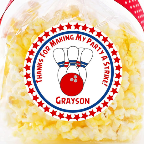 red blue bowling birthday sticker with pins and ball