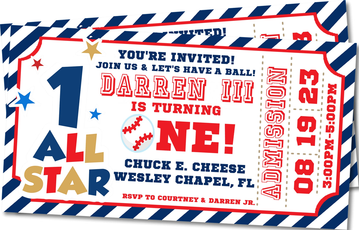 red blue boys baseball all star 1st birthday invitations ticket design