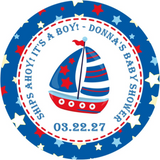 red blue sailboat baby shower sticker with stars and nautical themed background