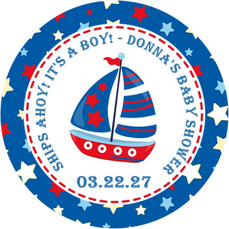 red blue sailboat baby shower sticker with stars and nautical themed background