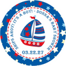 red blue sailboat baby shower sticker with stars and nautical themed background