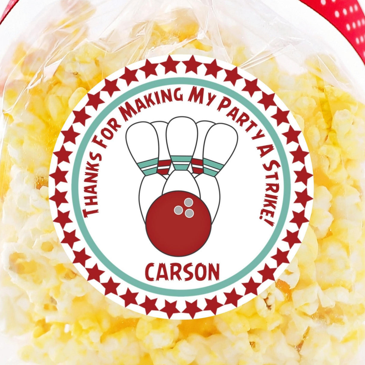 red bowling ball birthday sticker with pins