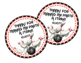 red bowling party favor label