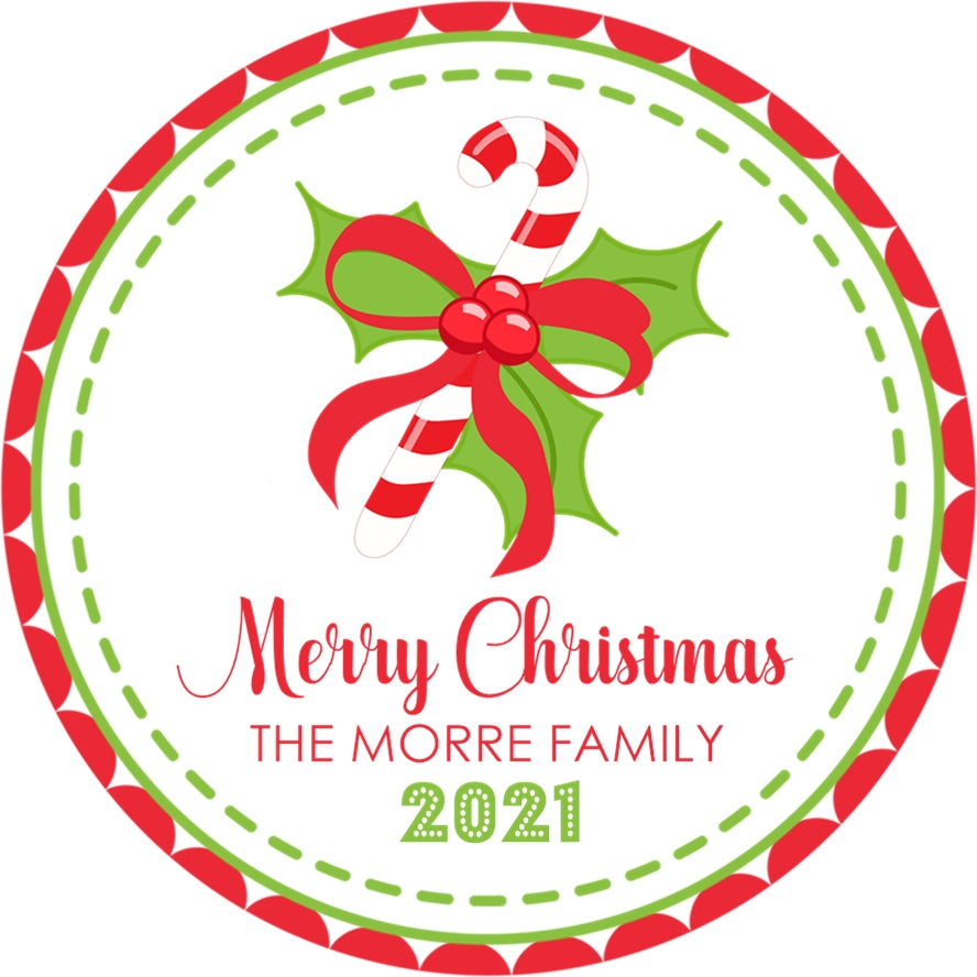 red candy cane christmas sticker with holly and ribbon