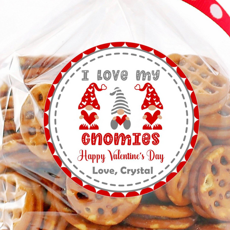 red gnome valentine stickers with hearts personalized