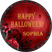 red gothic halloween sticker with gold lettering and red floral accents