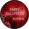 red gothic halloween sticker with silver lettering and red floral accents
