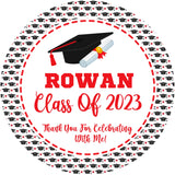 Personalized Red Graduation Party Stickers – Graduation Cap and Diploma Favor Labels