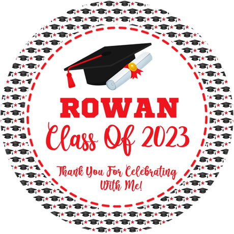 Personalized Red Graduation Party Stickers – Graduation Cap and Diploma Favor Labels