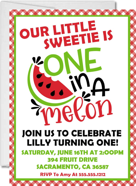red green black watermelon invitation cards girls first birthday style