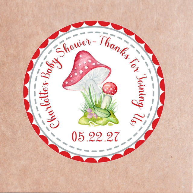 red mushroom baby shower sticker with toadstool design