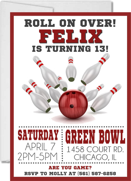 red pink blue bowling birthday invitations bowling pin theme