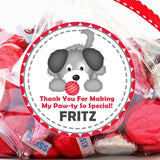 red puppy dog birthday sticker with gray dog and ball