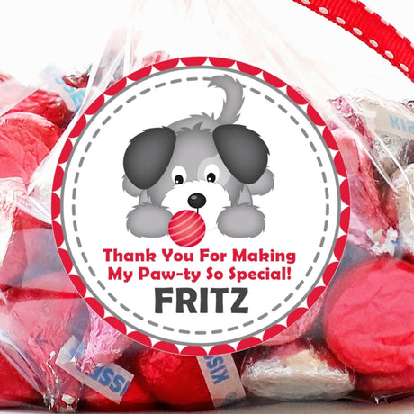 red puppy dog birthday sticker with gray dog and ball