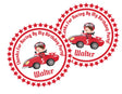 red race car birthday sticker with boy driver