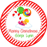 red striped christmas candy favor sticker with holiday sweets