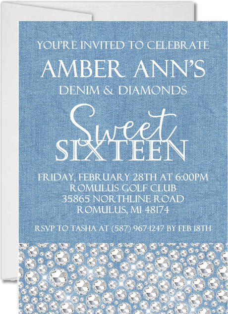 rhinestone denim invitation cards teen birthday party style