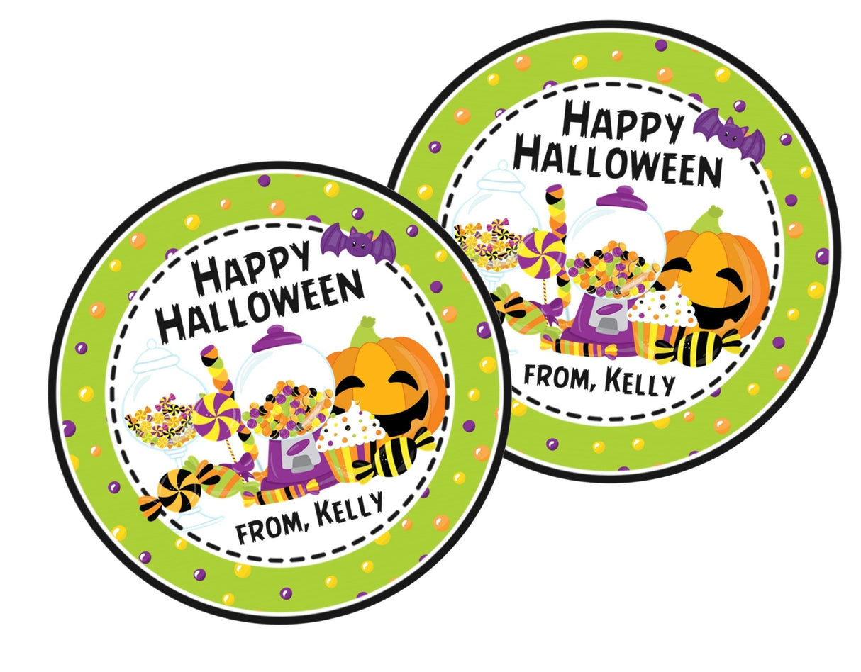 round halloween favor label with bright candy artwork for children
