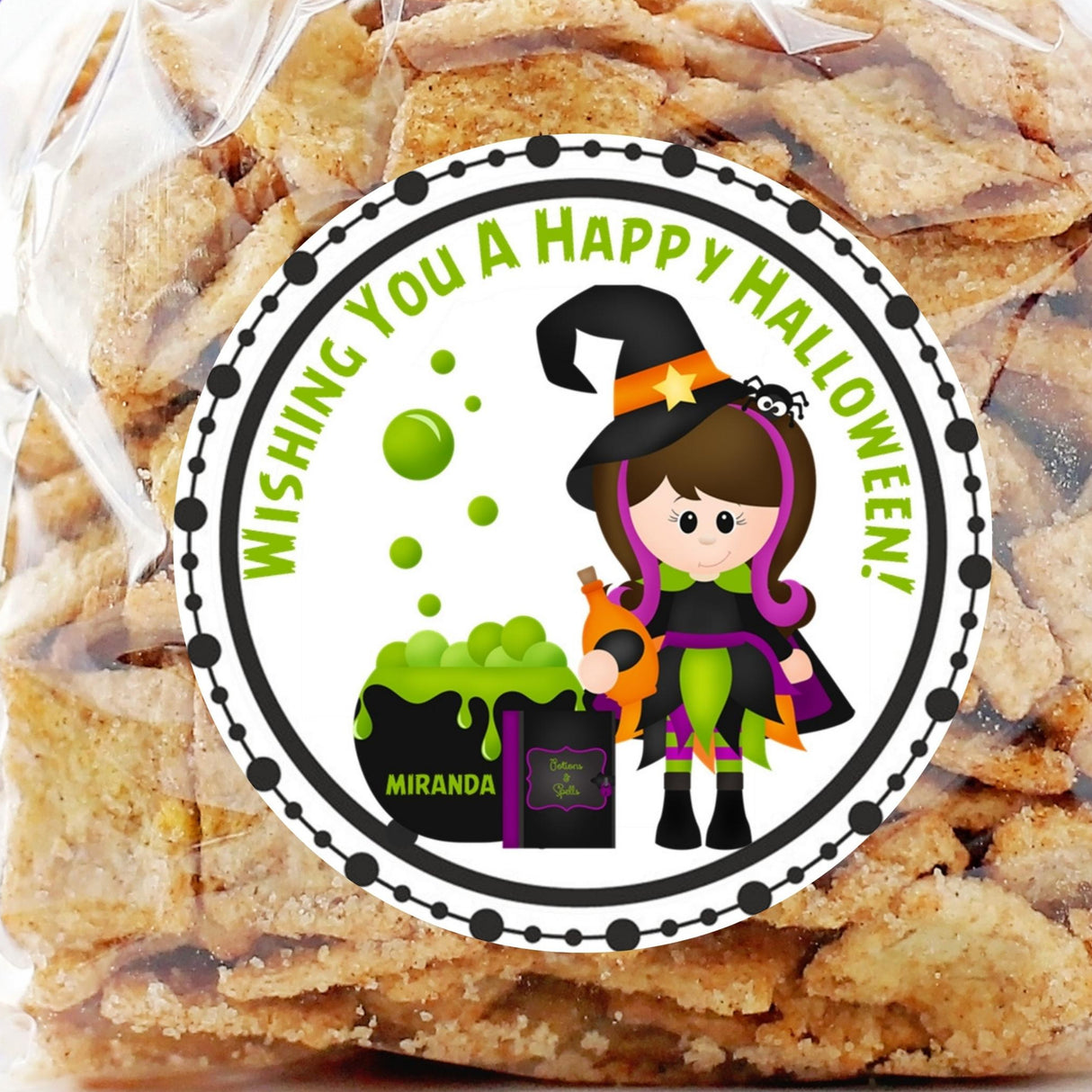 round halloween sticker showing girl witch holding potion bottle next to green cauldron