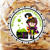 round halloween sticker showing girl witch holding potion bottle next to green cauldron