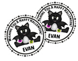 round spooky halloween favor label with black bat cat illustration