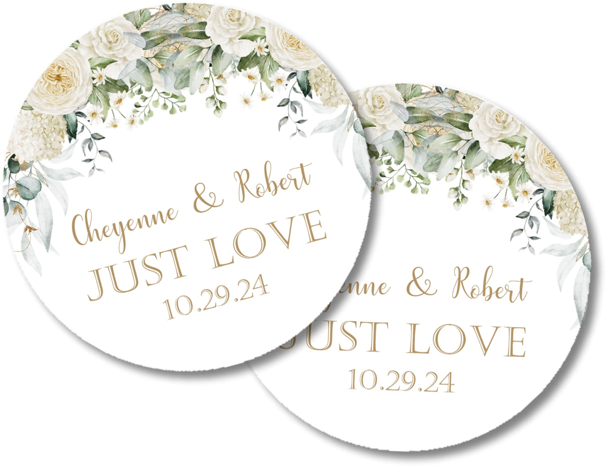 round white wedding favor sticker with floral border