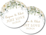 round white wedding favor sticker with floral border