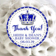 royal blue and silver crown baby shower sticker with gemstone accents