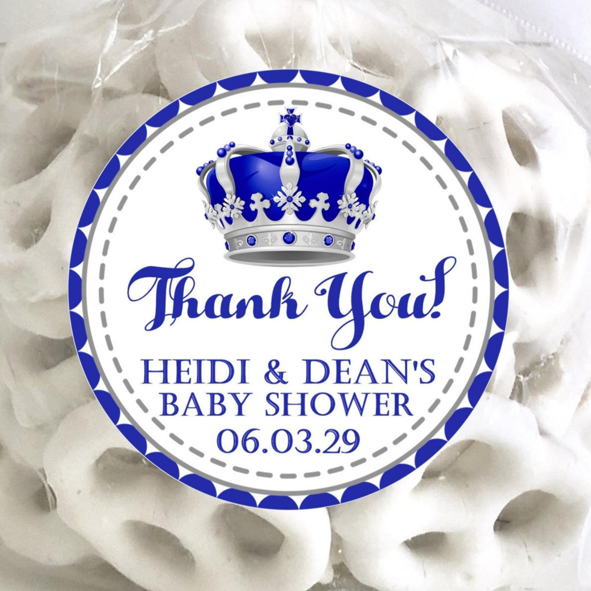 royal blue and silver crown baby shower sticker with gemstone accents