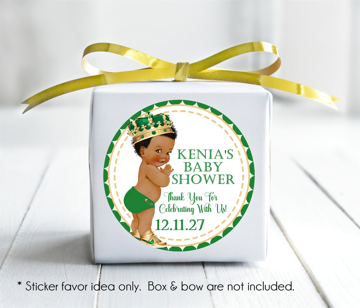 royal prince baby shower favor label in green and gold