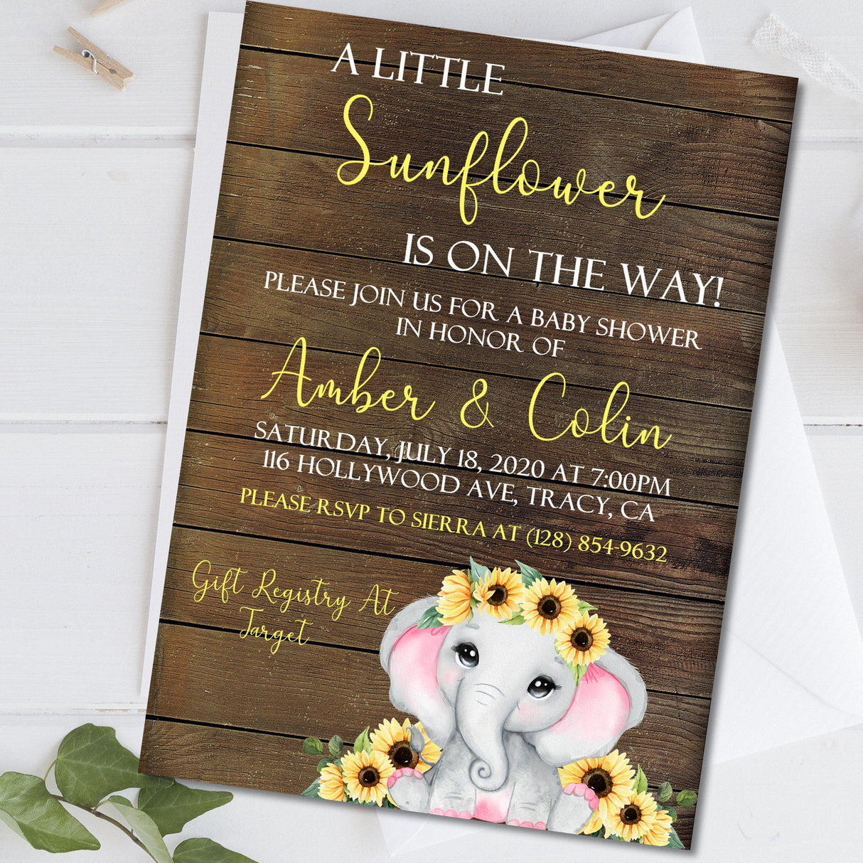 rustic elephant baby invitation cards yellow floral style