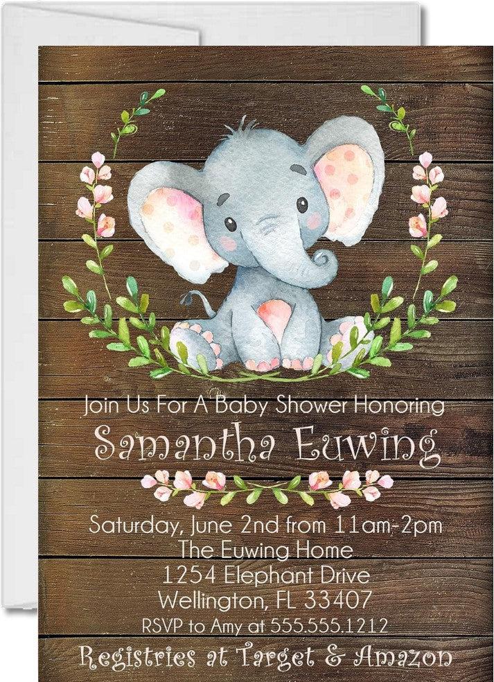 rustic elephant baby shower invitations wood background theme
