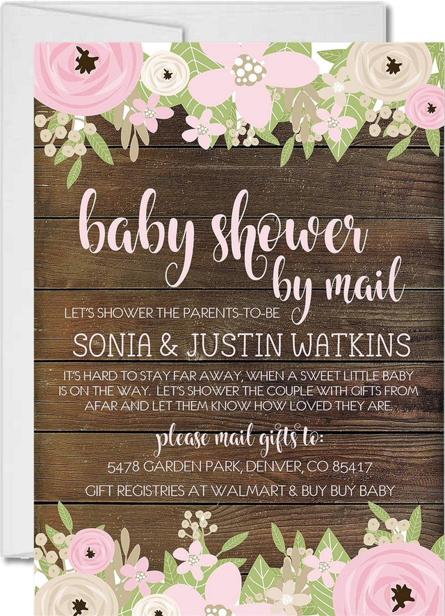 rustic floral baby shower by mail invitations wood background design