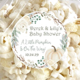 rustic green pumpkin baby shower sticker with floral wreath