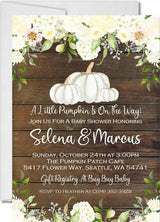 rustic green white neutral wood pumpkin baby shower invitations