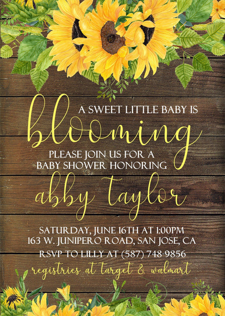 rustic sunflower baby shower invitations wood background theme