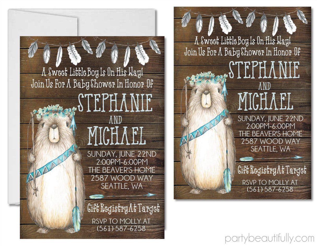 rustic tribal beaver invitation cards woodland greenery style