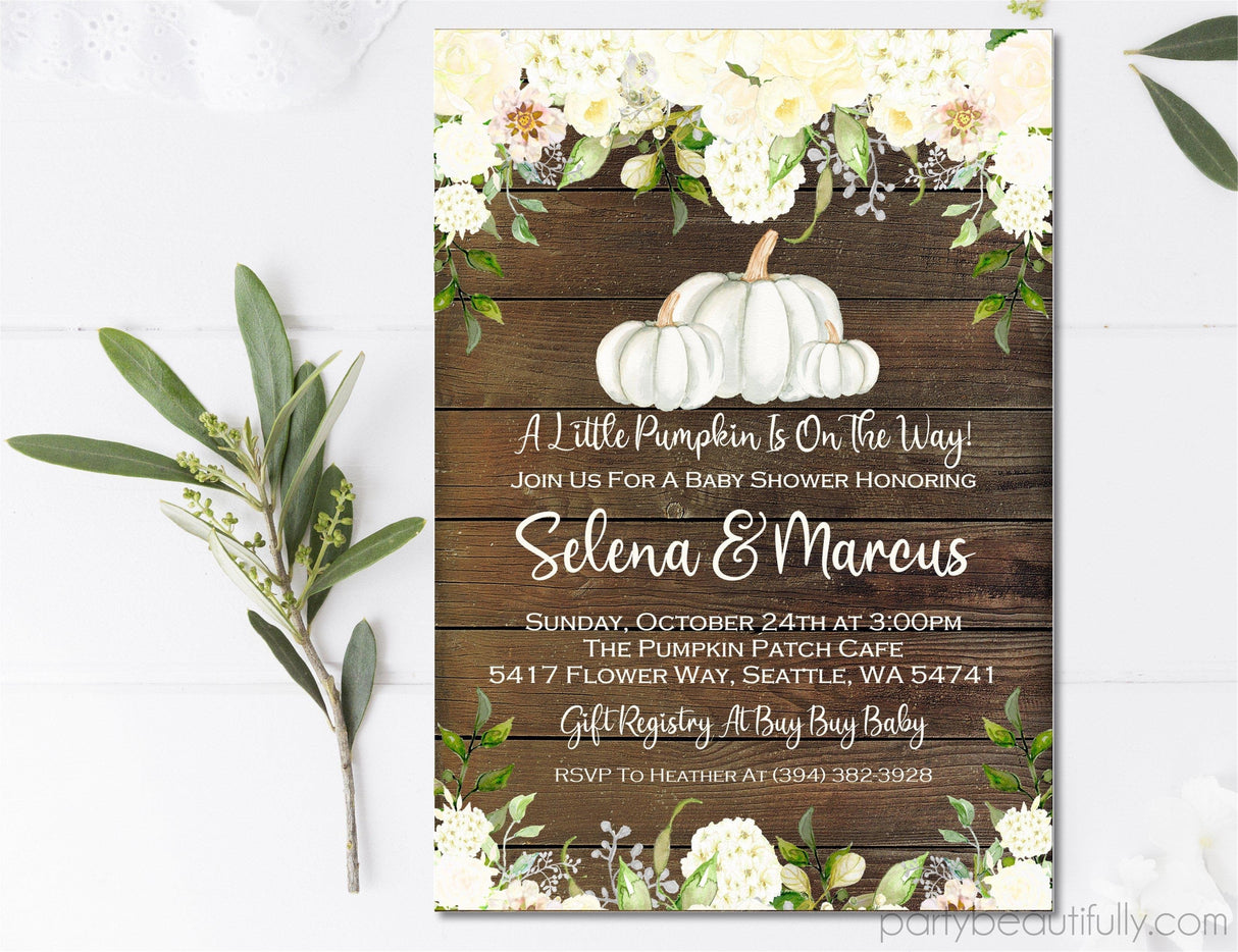 rustic wood pumpkin baby shower invitations botanical harvest theme