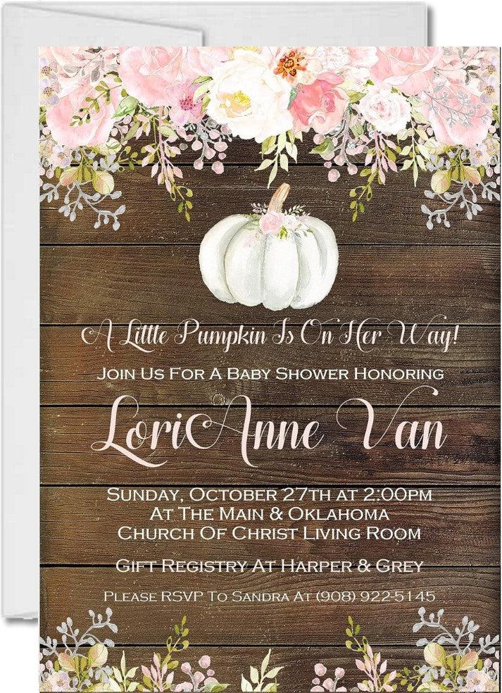 rustic wood pumpkin baby shower invitations pink harvest theme