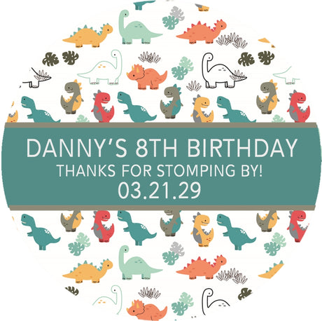 simple dino party sticker with muted colors and clean layout