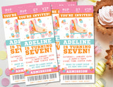 Roller skating birthday ticket invitation customized with party details and admission ticket design